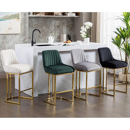 Barhocker Set Grau Samt mit goldenen Metallbeinen