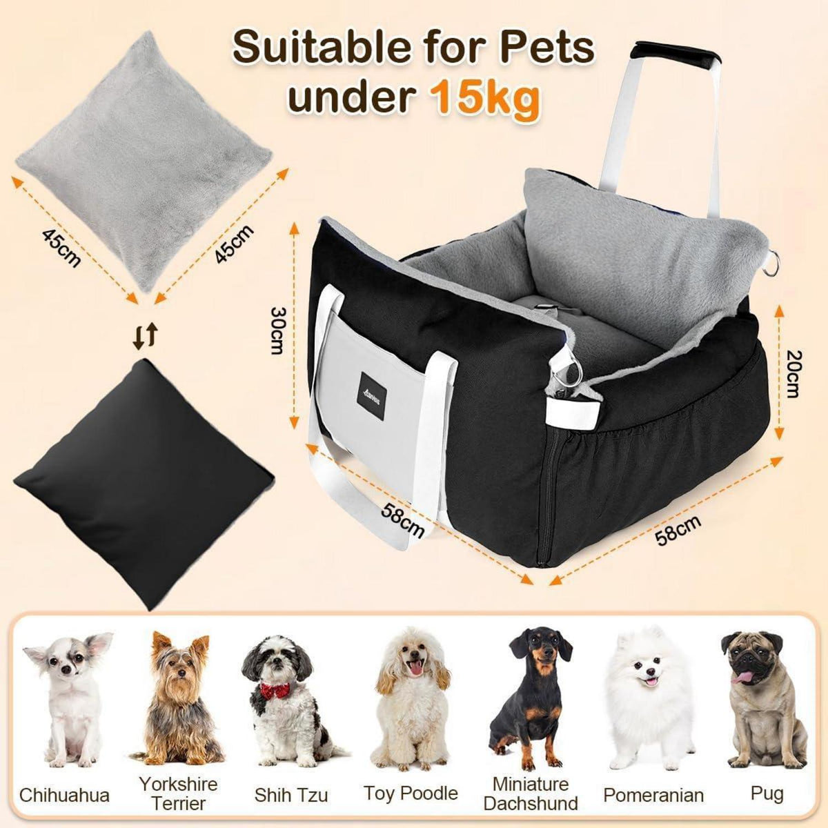3-in-1 Hundesitz Auto & Reisebett für kleine Hunde – Schwarz