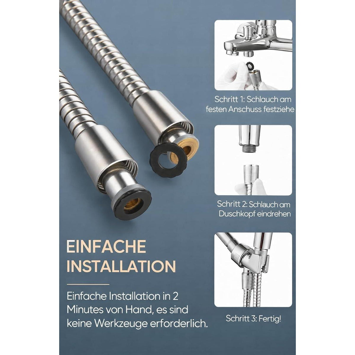 Edelstahl Duschschlauch 1,5m mit Verdrehschutz und Knickschutz