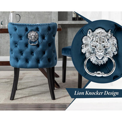 Samt Esszimmerstühle 2er Set mit Löwenkopf, Blau