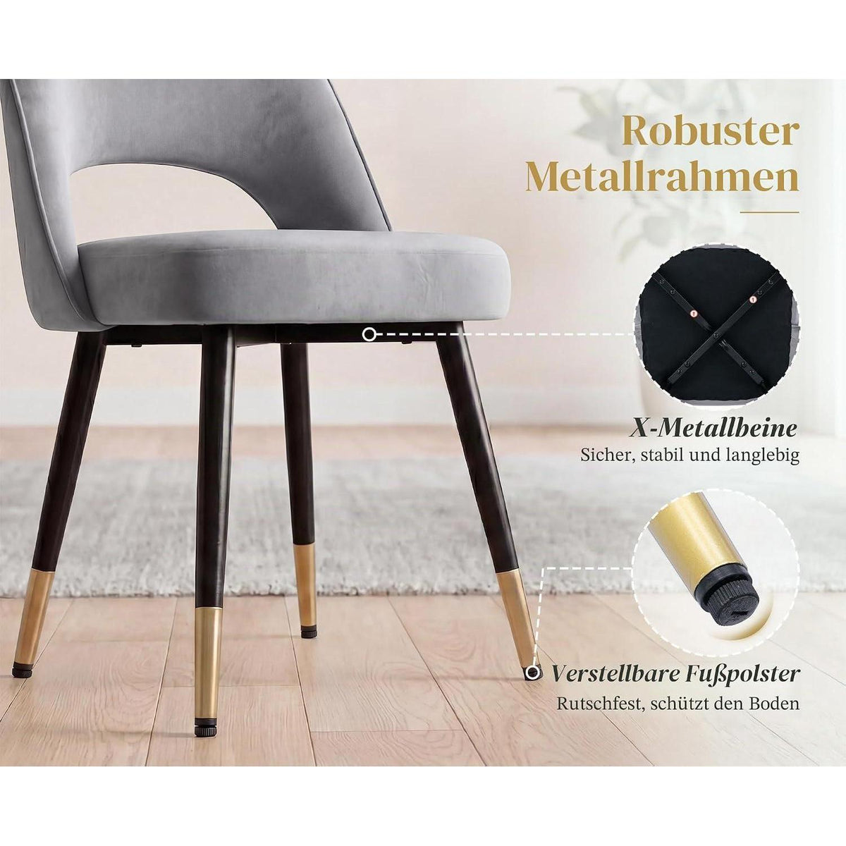Ya-Home Esszimmerstühle 2er Set Grau, Polsterstuhl mit Metallbeinen