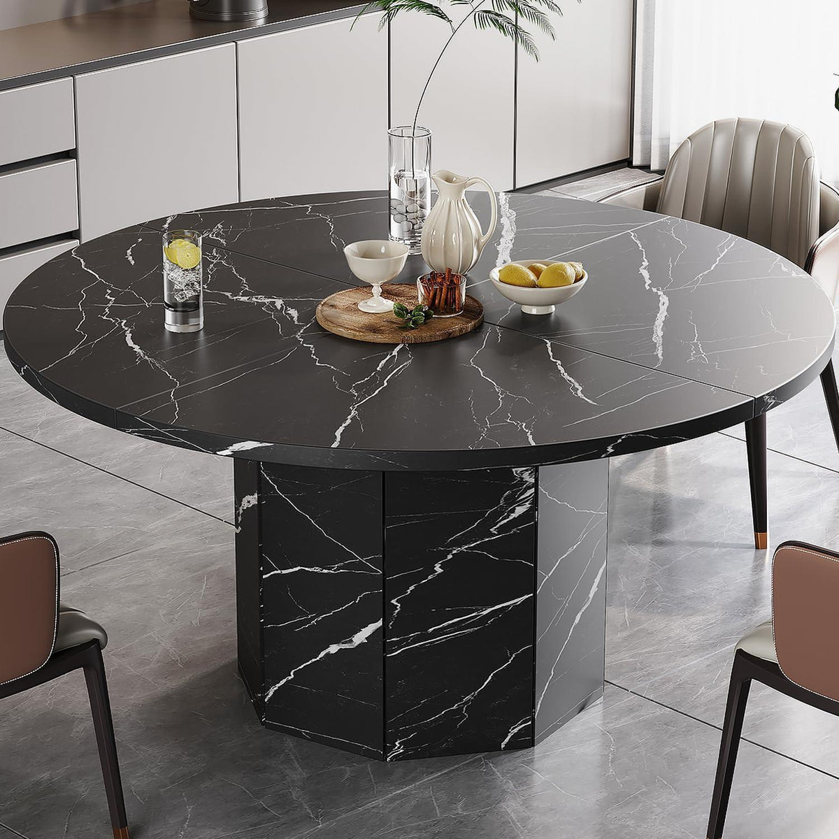 Runder Esstisch Schwarz 120cm | Küchentisch Marmor Optik Holz Modern