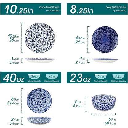 Geschirrset 24-tlg für 6 Personen, Blau-Weiß Keramik