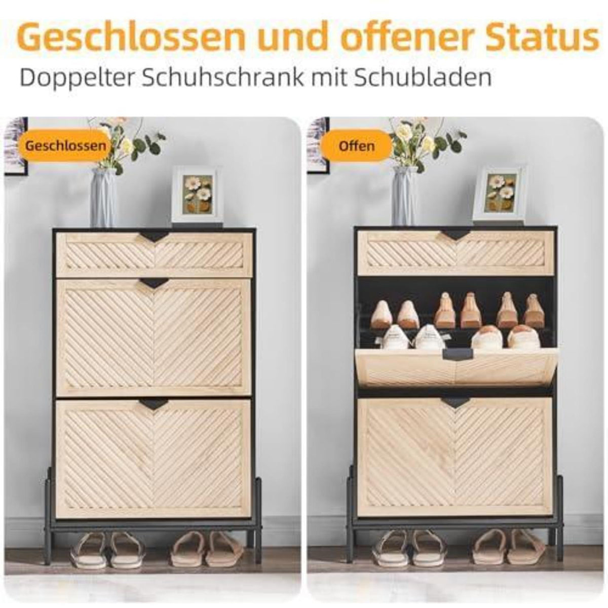 Schmaler Schuhschrank mit Klappe & Schublade, Eiche & Schwarz