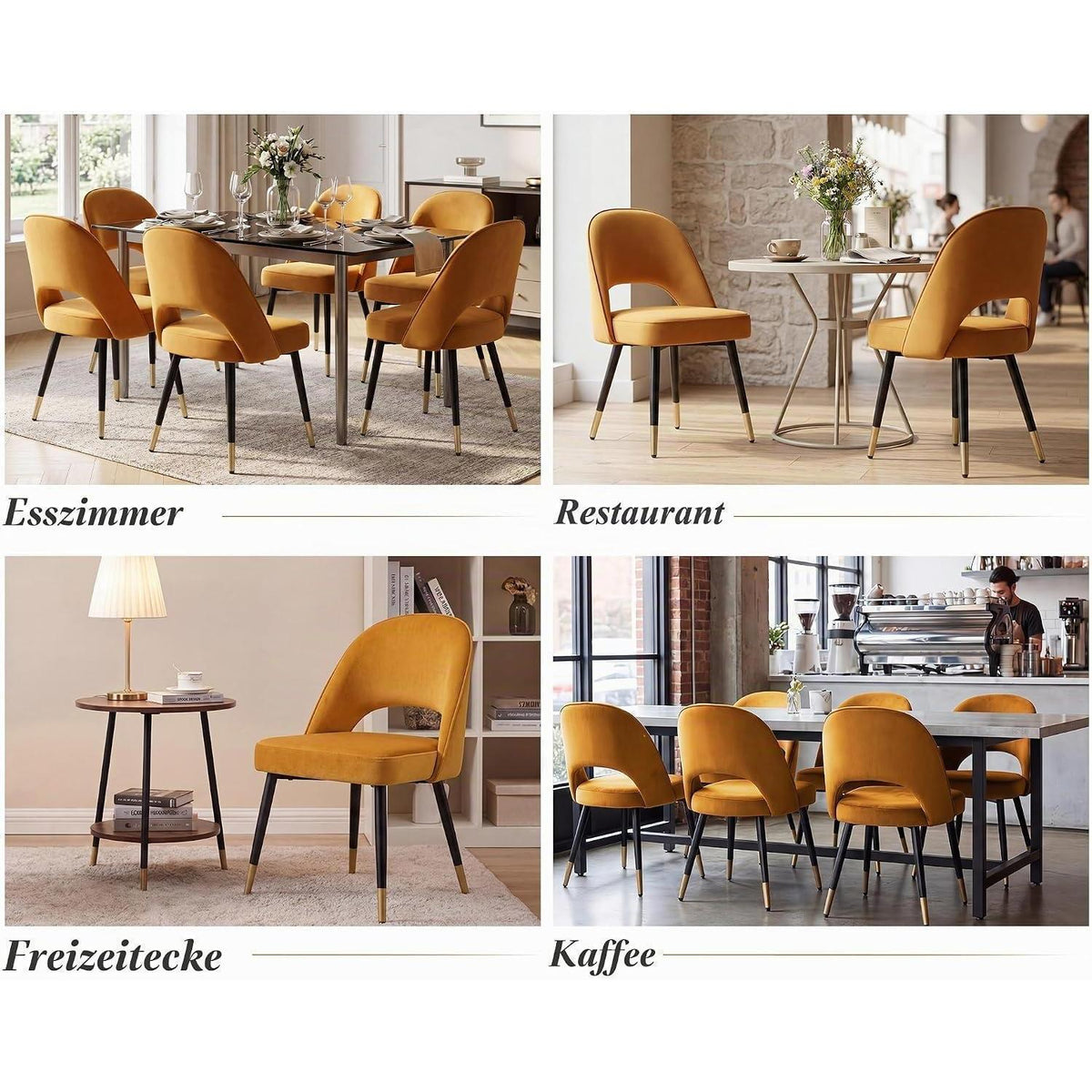 Esszimmerstühle 2er Set, Samt Polsterstuhl mit Metallbeinen Gelb