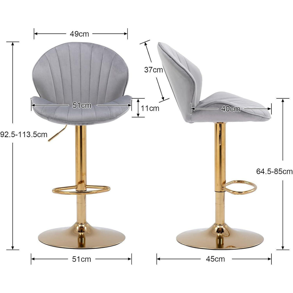 Barhocker Set 2x Höhenverstellbar Grau Samt