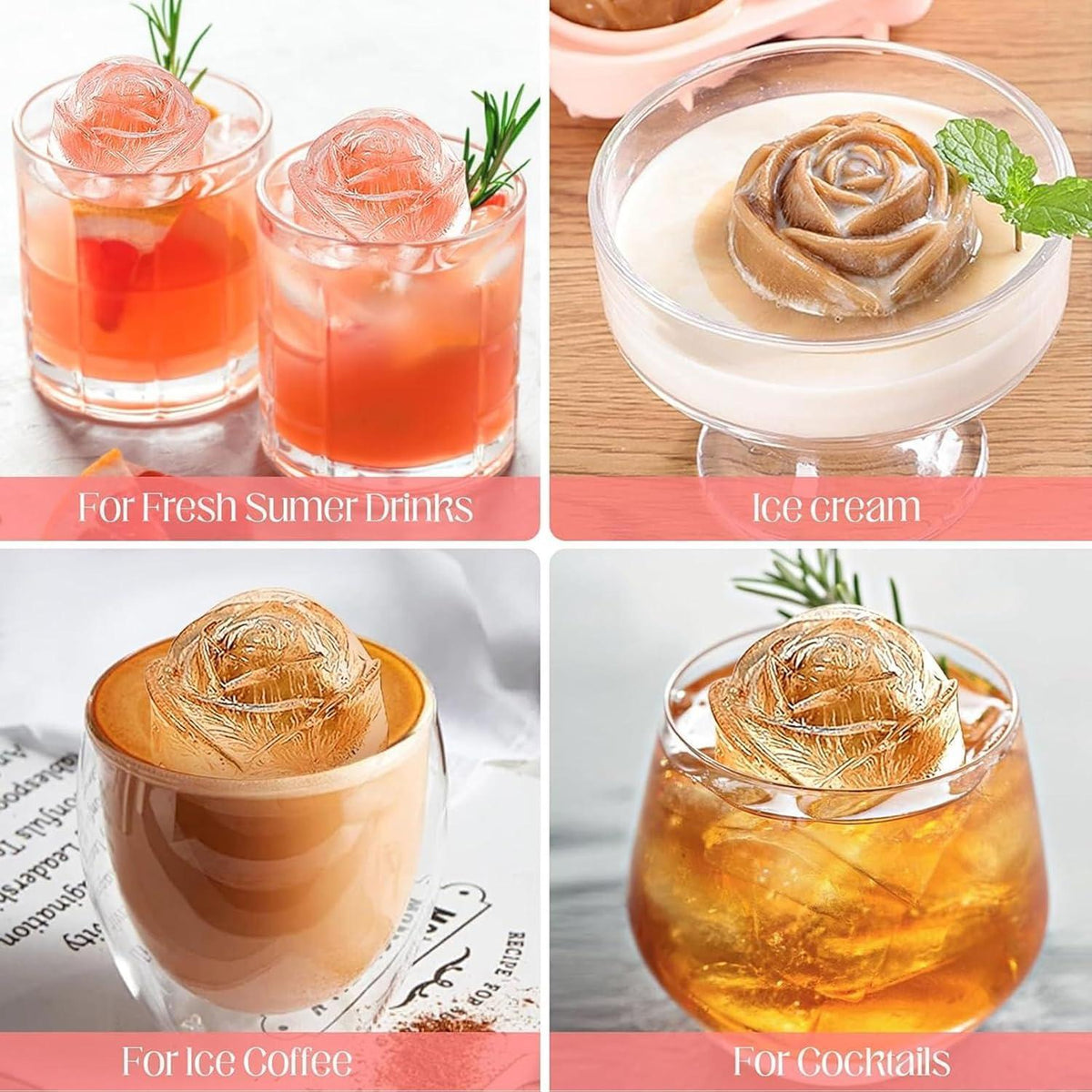 Silikon Eiswürfelform Rosen-Design mit Deckel – BPA-frei Rosa
