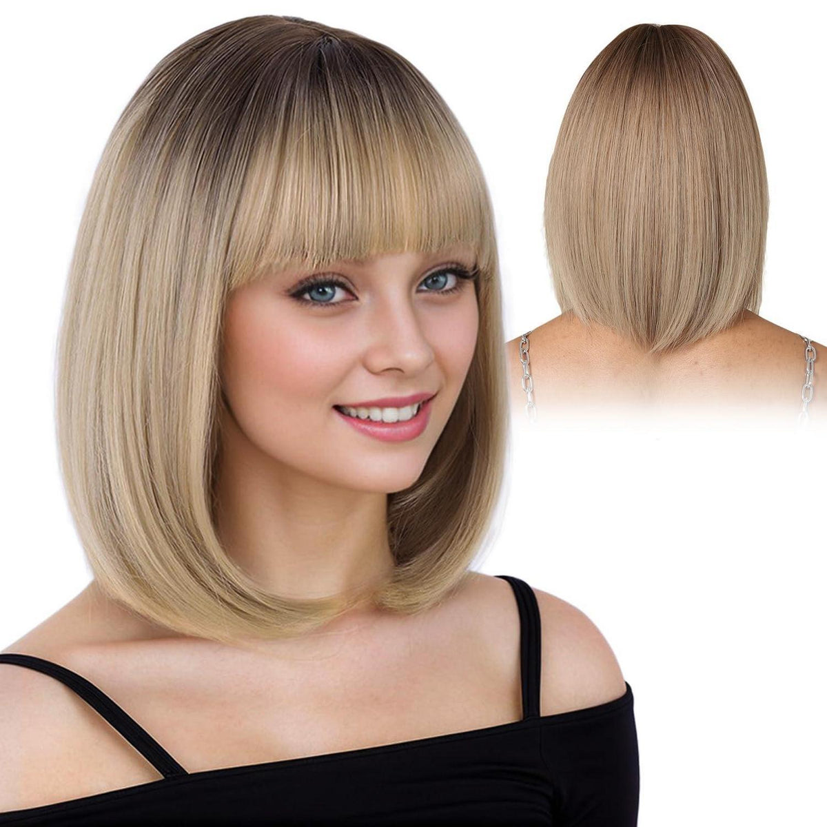 Blond Ombre Bob Perücke mit Pony – Kurze Damen Perücke