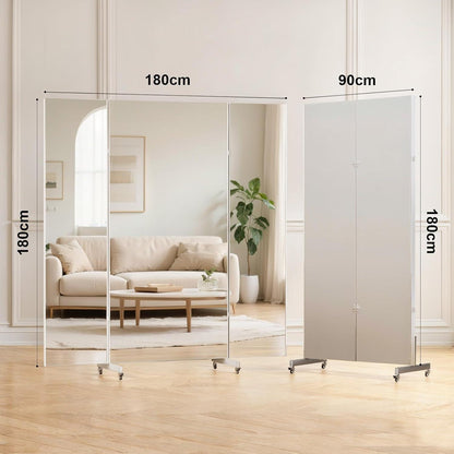 3-Fach Faltbarer Ganzkörperspiegel 180x190cm – Weiß, Standspiegel mit Rollen