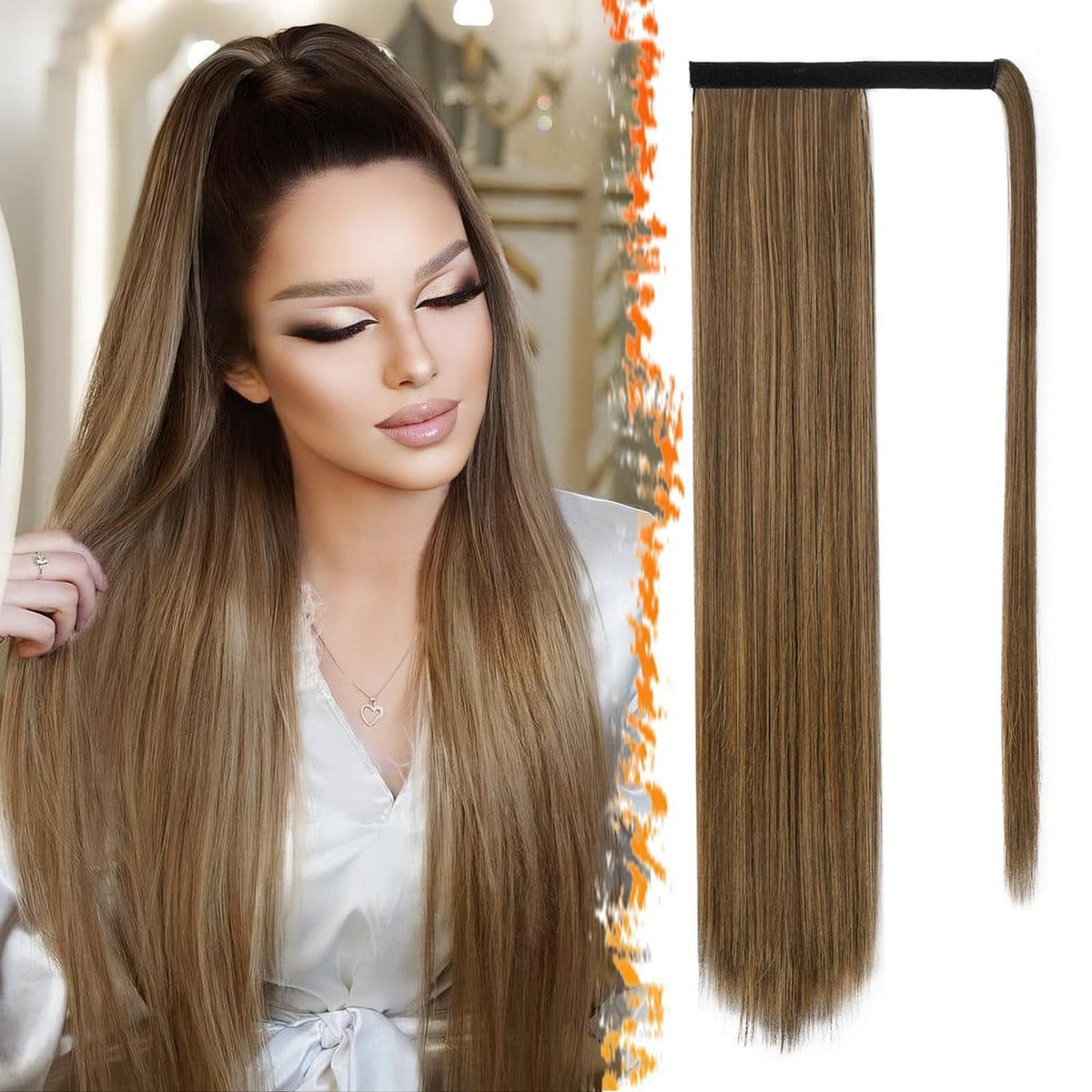 Glatter Pferdeschwanz Haarteil Braun mit Honigblond 66cm