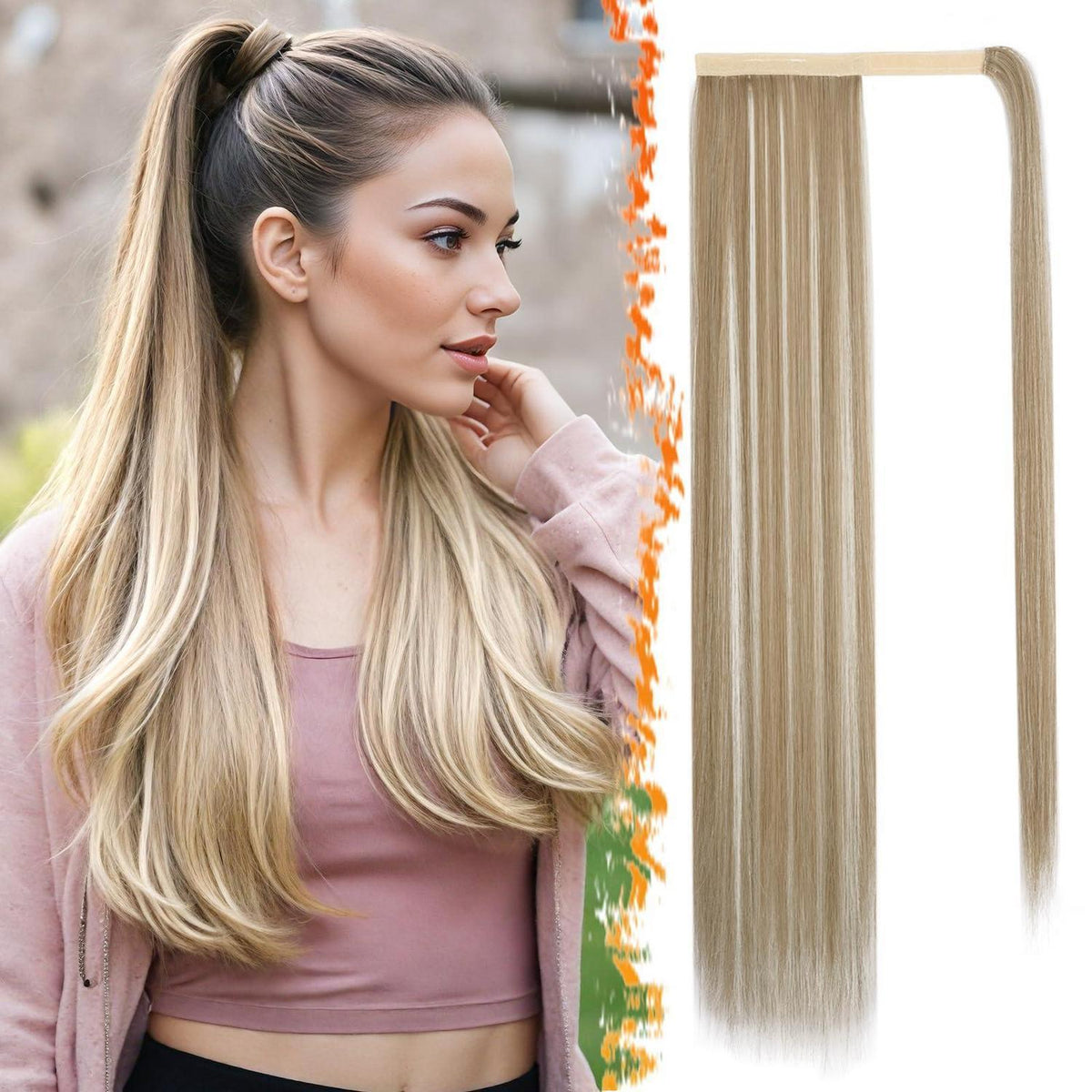 Glatter Pferdeschwanz Extension 66cm Blond Highlights