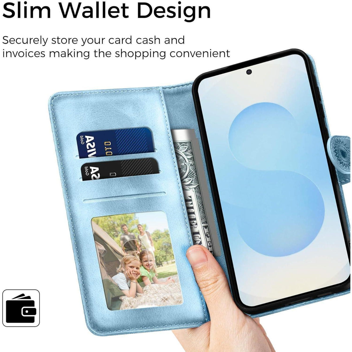 Samsung Galaxy S25 Klapphülle mit Kartenfach & Standfunktion Himmelblau in Lederoptik