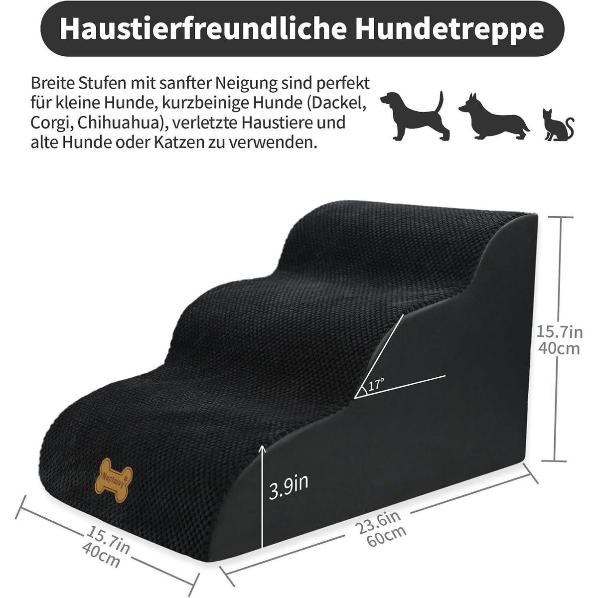 Hundetretppe 3-stufig für kleine Hunde, waschbar, schwarz