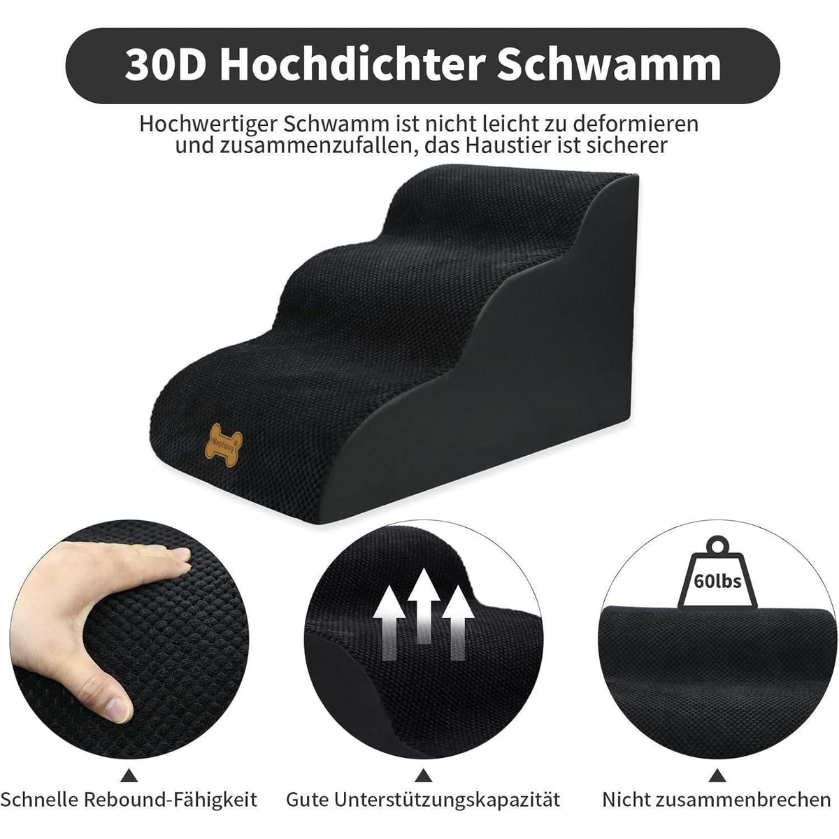 Hundetretppe 3-stufig für kleine Hunde, waschbar, schwarz