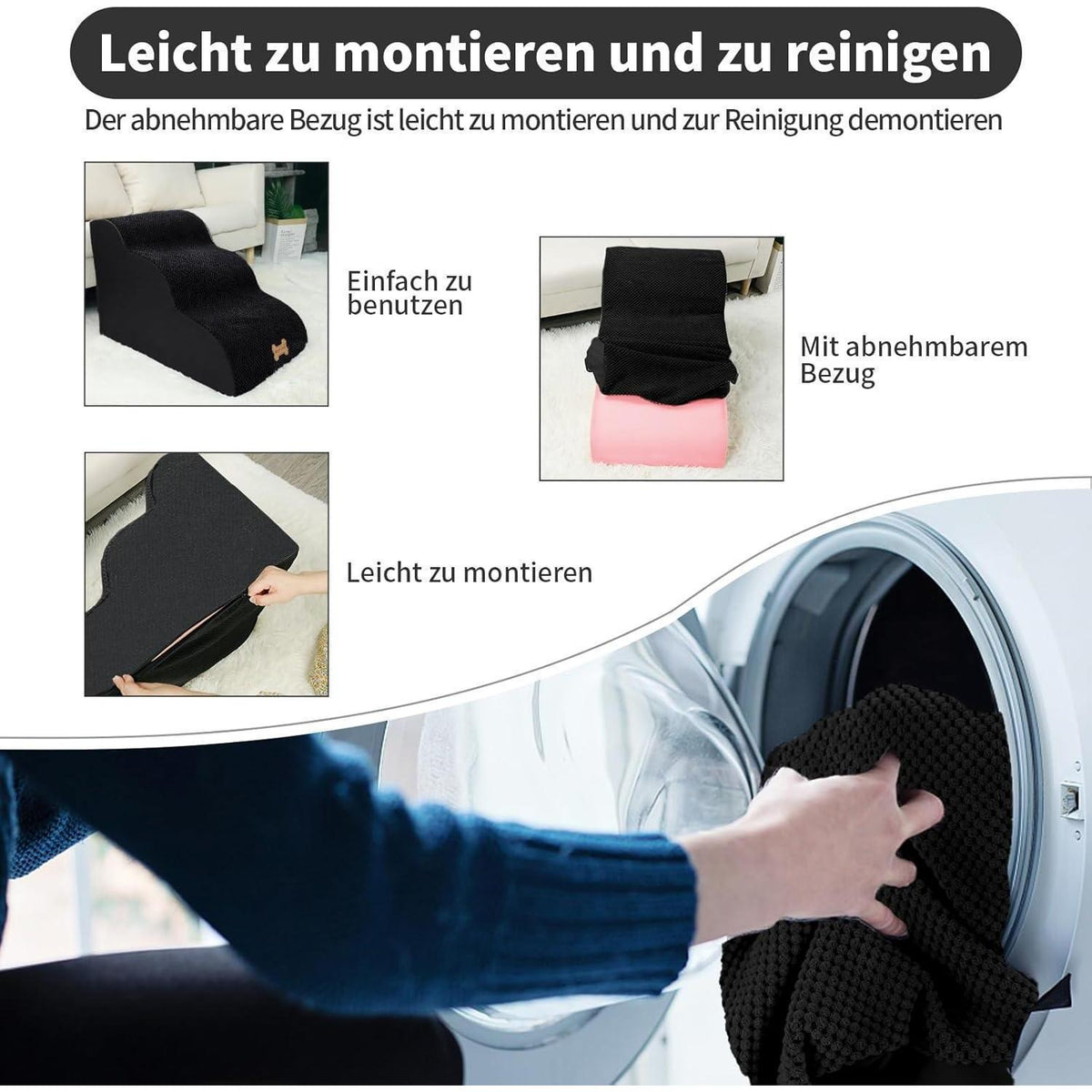 Hundetretppe 3-stufig für kleine Hunde, waschbar, schwarz
