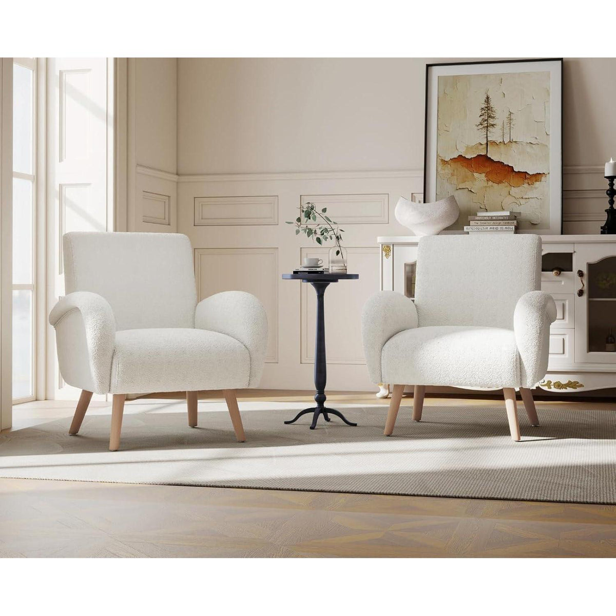 Weißer Kunstfell Sessel mit Holzbeinen – Wohnzimmer Lounge Sessel