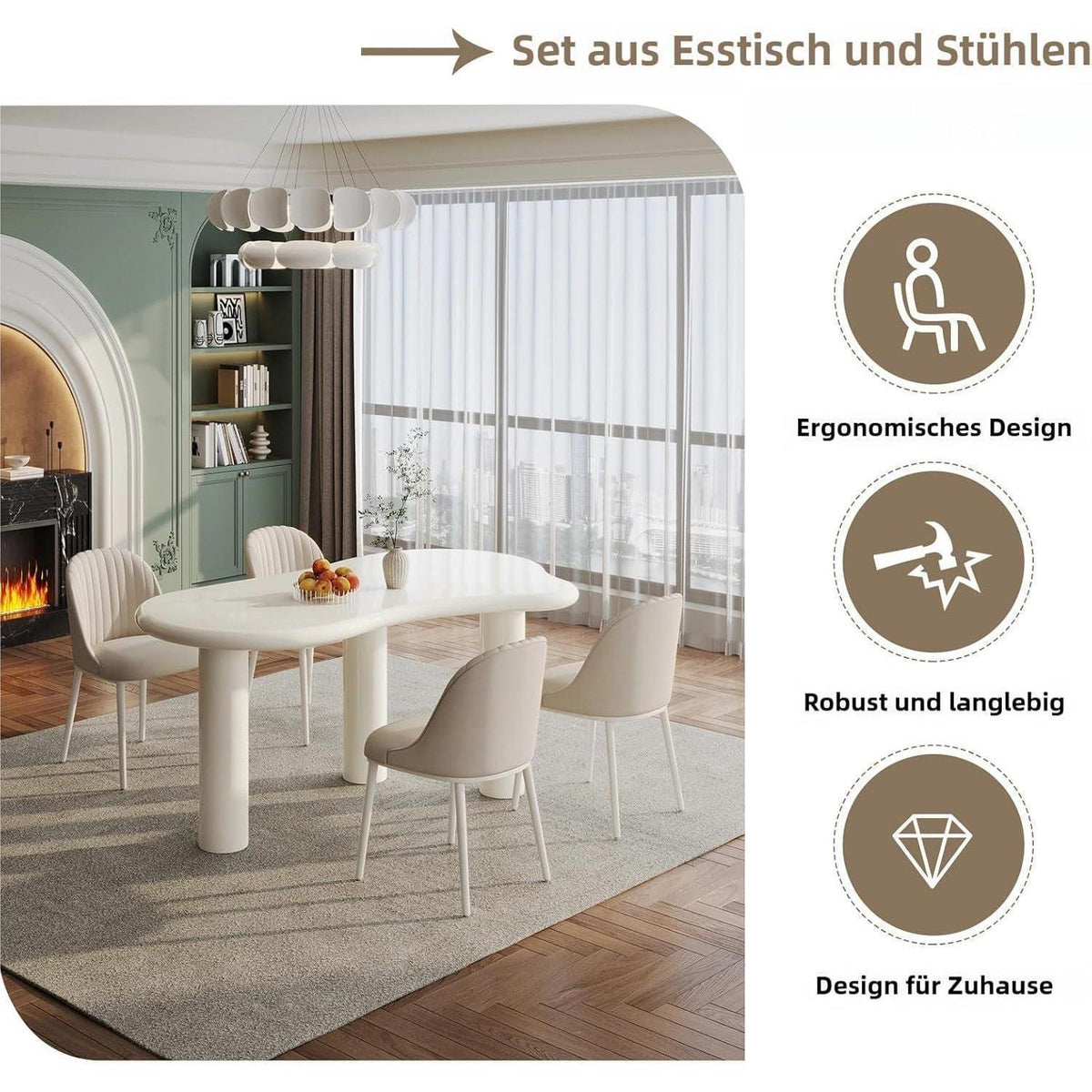 Moderner Esstisch Set Weiß für 6 Personen – Minimalistisch & Platzsparend