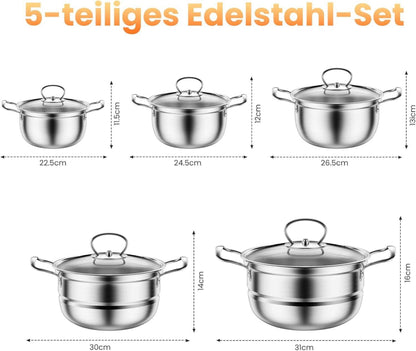 Topfset Edelstahl Kochgeschirr Induktion Glasdeckel 12-teilig