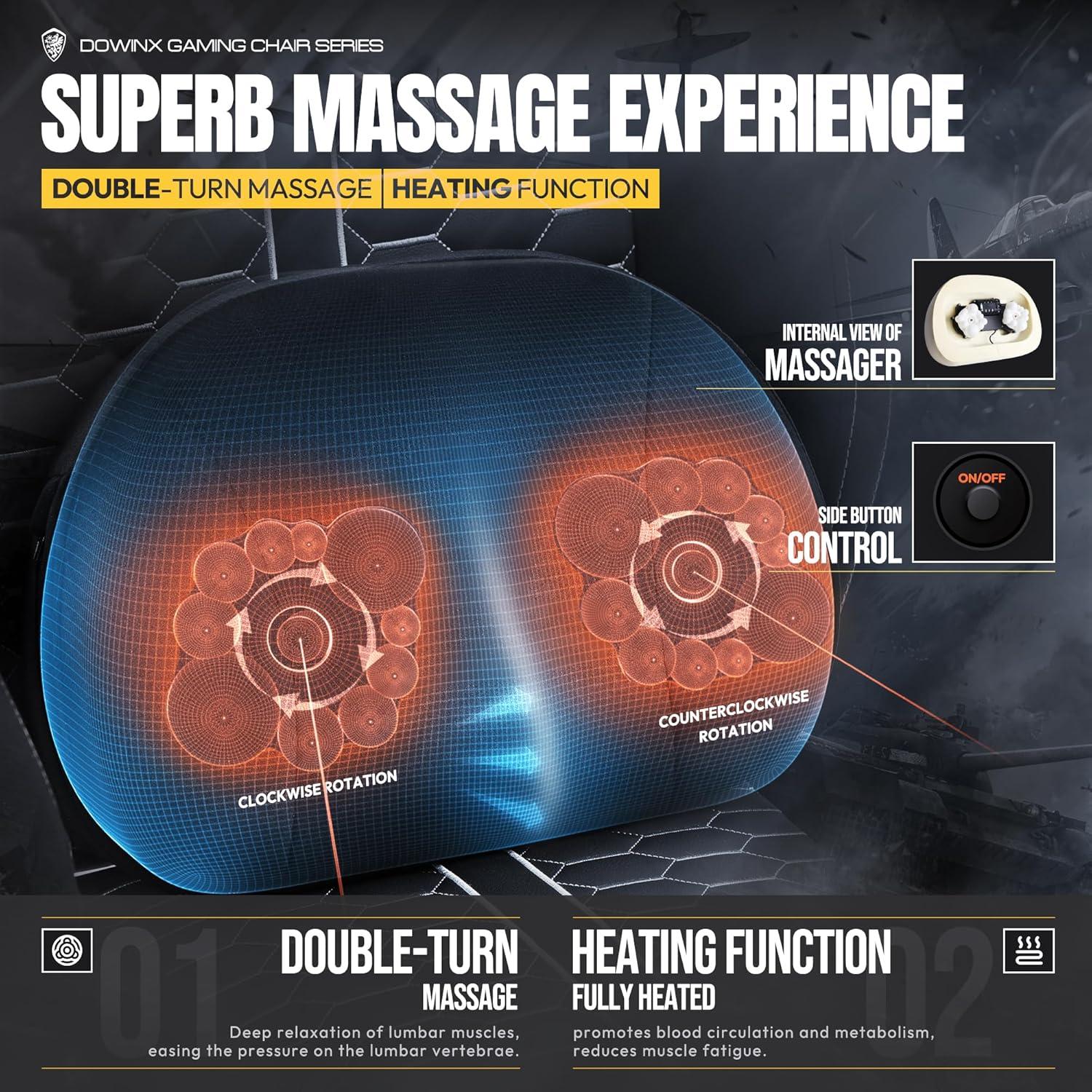 Gaming Stuhl mit beheizter Massage Lendenwirbelstütze und Fußstütze, Black