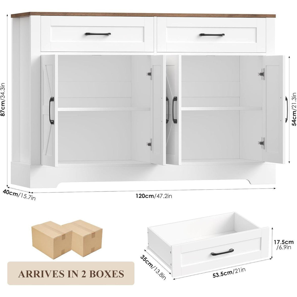 Sideboard Küchenbuffet Weiß & Braun mit 2 Schubladen & 4 Türen
