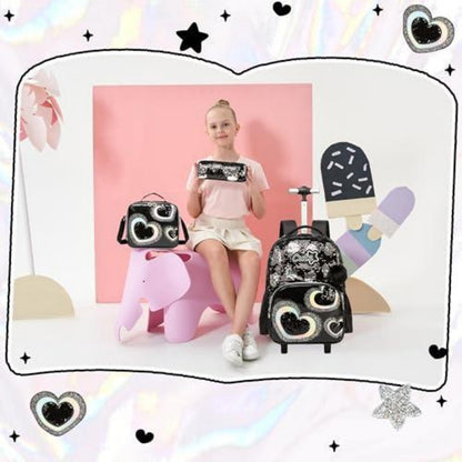Kinder Rucksack mit Rollen & Trolley Set Schwarz Herz