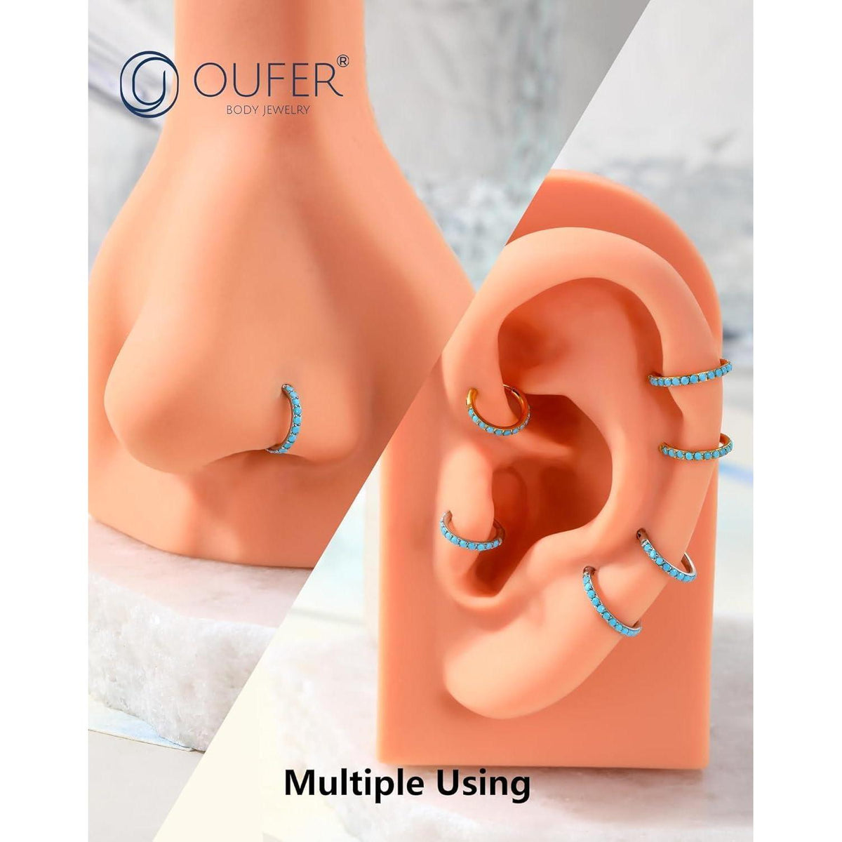 Nasenring Clicker 20G 6mm Gold mit Türkis, Chirurgenstahl
