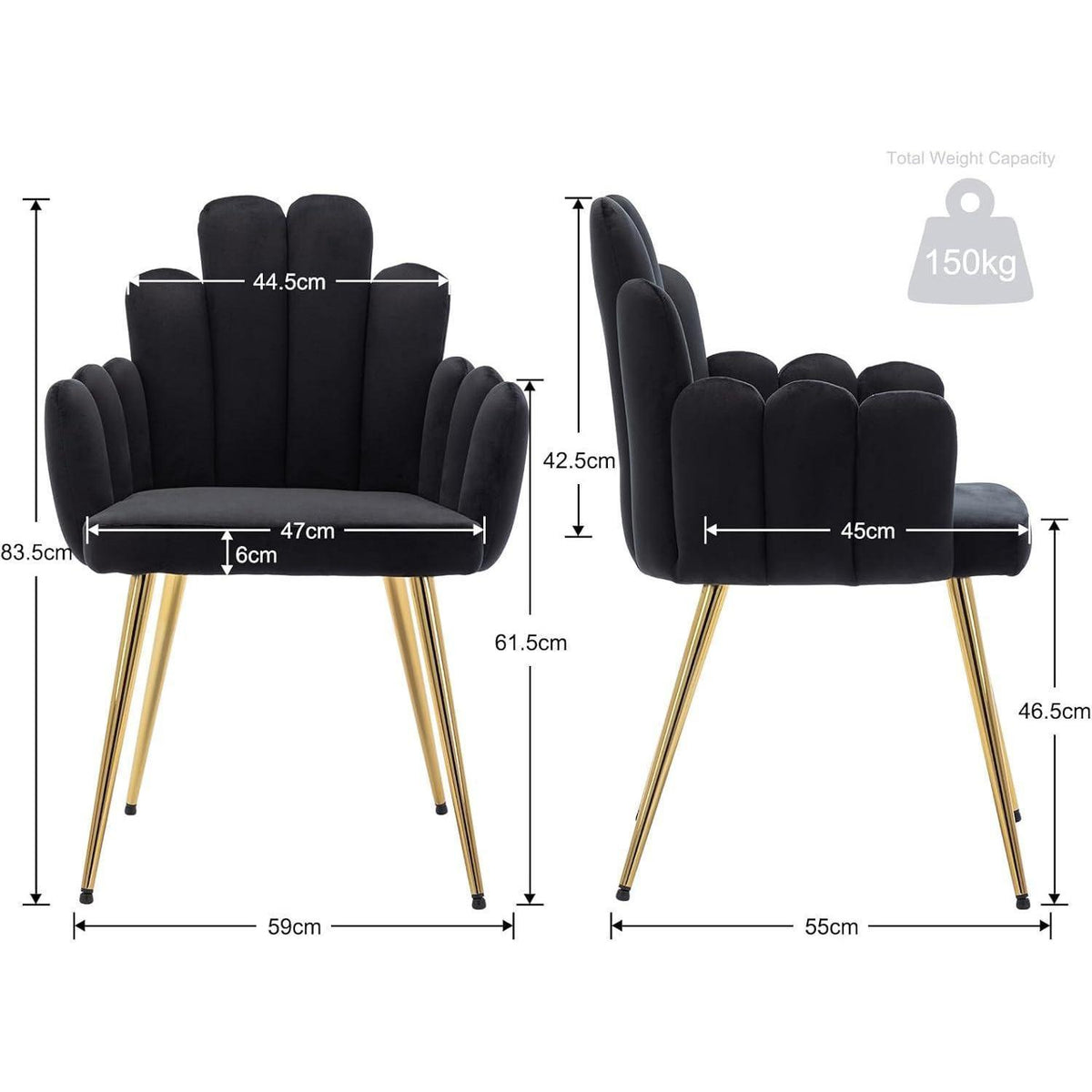 Samt Esszimmerstühle 2er Set mit Metallbeinen Schwarz