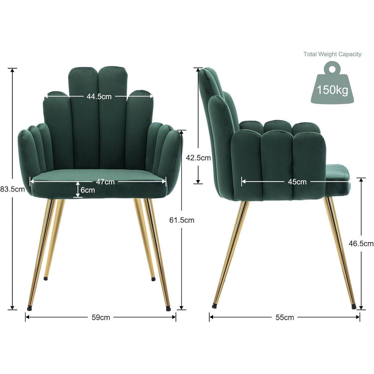 Samt Esszimmerstühle 2er Set – Gepolsterte Muschel Sessel Grün