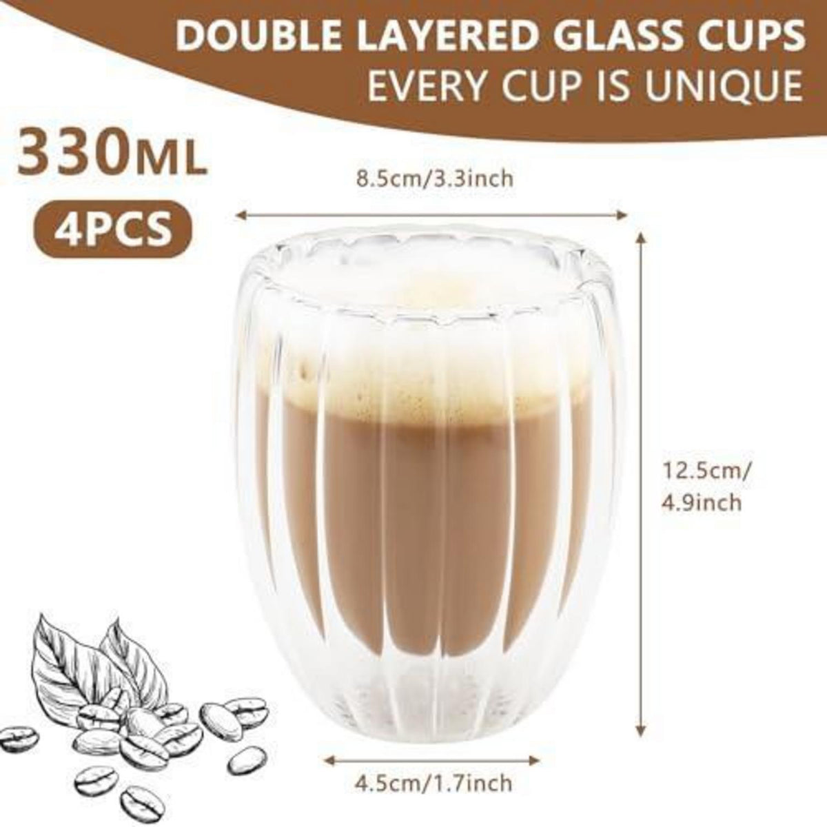 Gerippte Kaffeegläser 4er Set – 330ml Latte Macchiato Tassen
