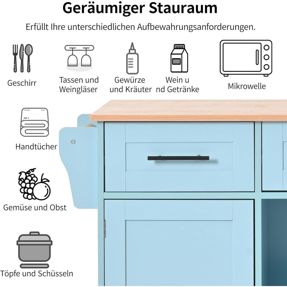 Bewegliche Kücheninsel mit abklappbarer Arbeitsplatte Blau