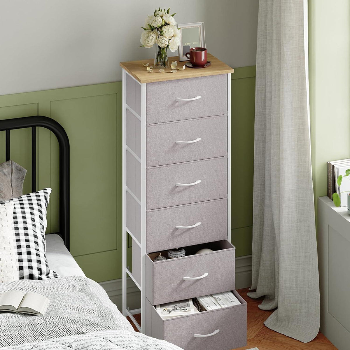 Kommode mit 6 Stoffschubladen – Aschgrau, 115cm hoch