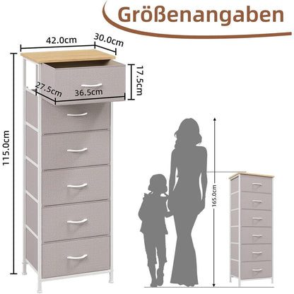 Kommode mit 6 Stoffschubladen – Aschgrau, 115cm hoch