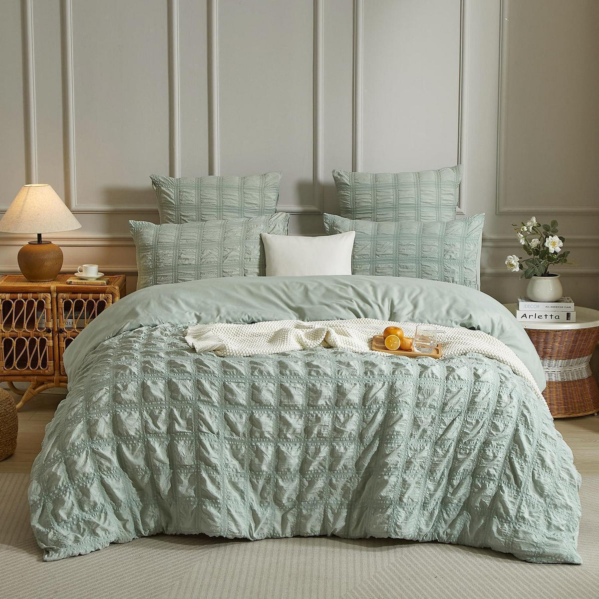 Seersucker Bettwäsche Set 135x200 cm, Grün Kariert, 4-teilig