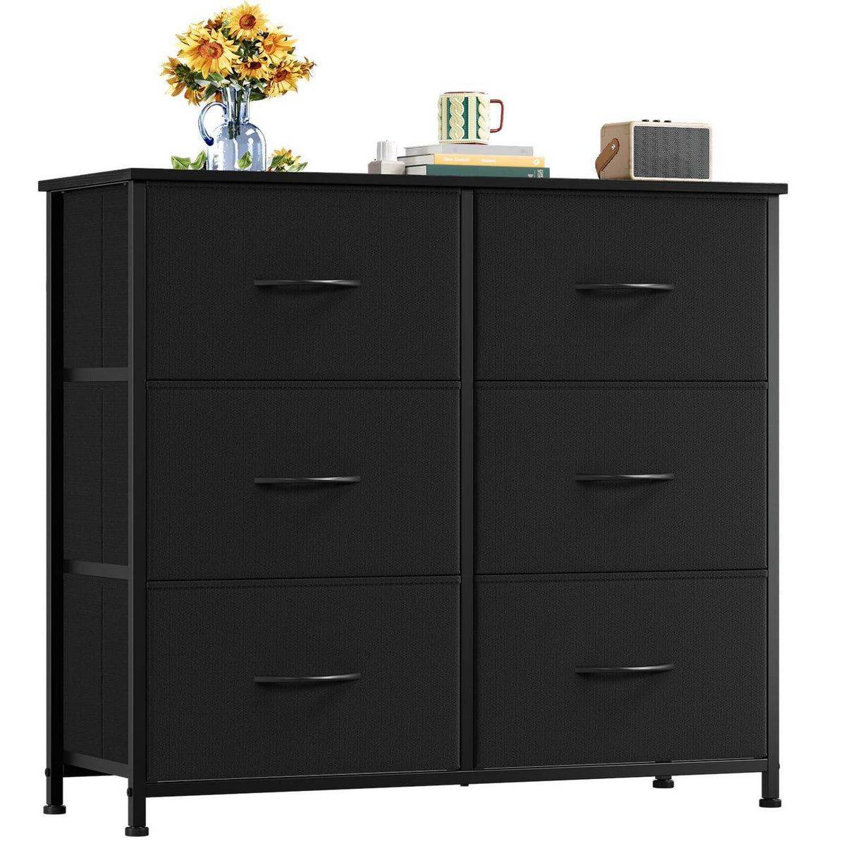 Kommode mit 6 Stoffschubladen – Schwarz, 30x80x71,5 cm