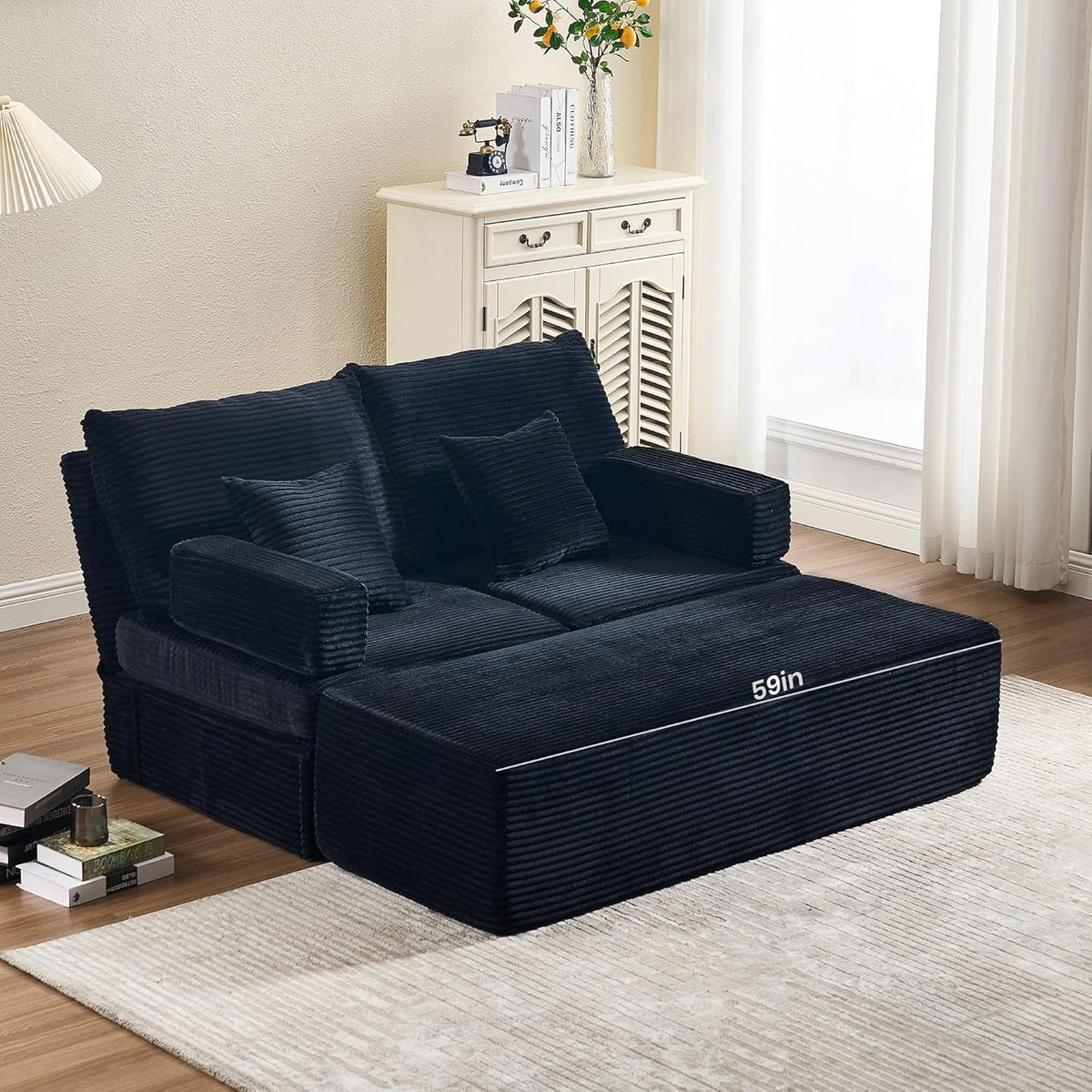 Verwandlungssofa mit Fußhocker – Ecksofa, Doppelsofa, Schwarz