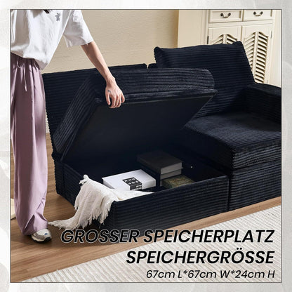Verwandlungssofa mit Fußhocker – Ecksofa, Doppelsofa, Schwarz