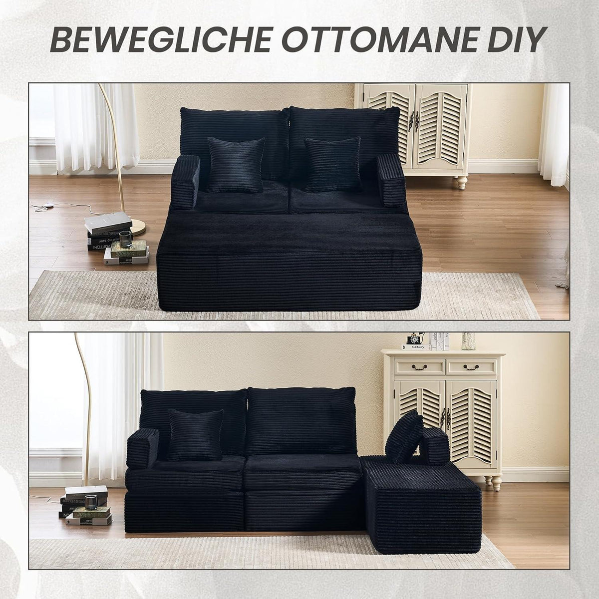 Verwandlungssofa mit Fußhocker – Ecksofa, Doppelsofa, Schwarz