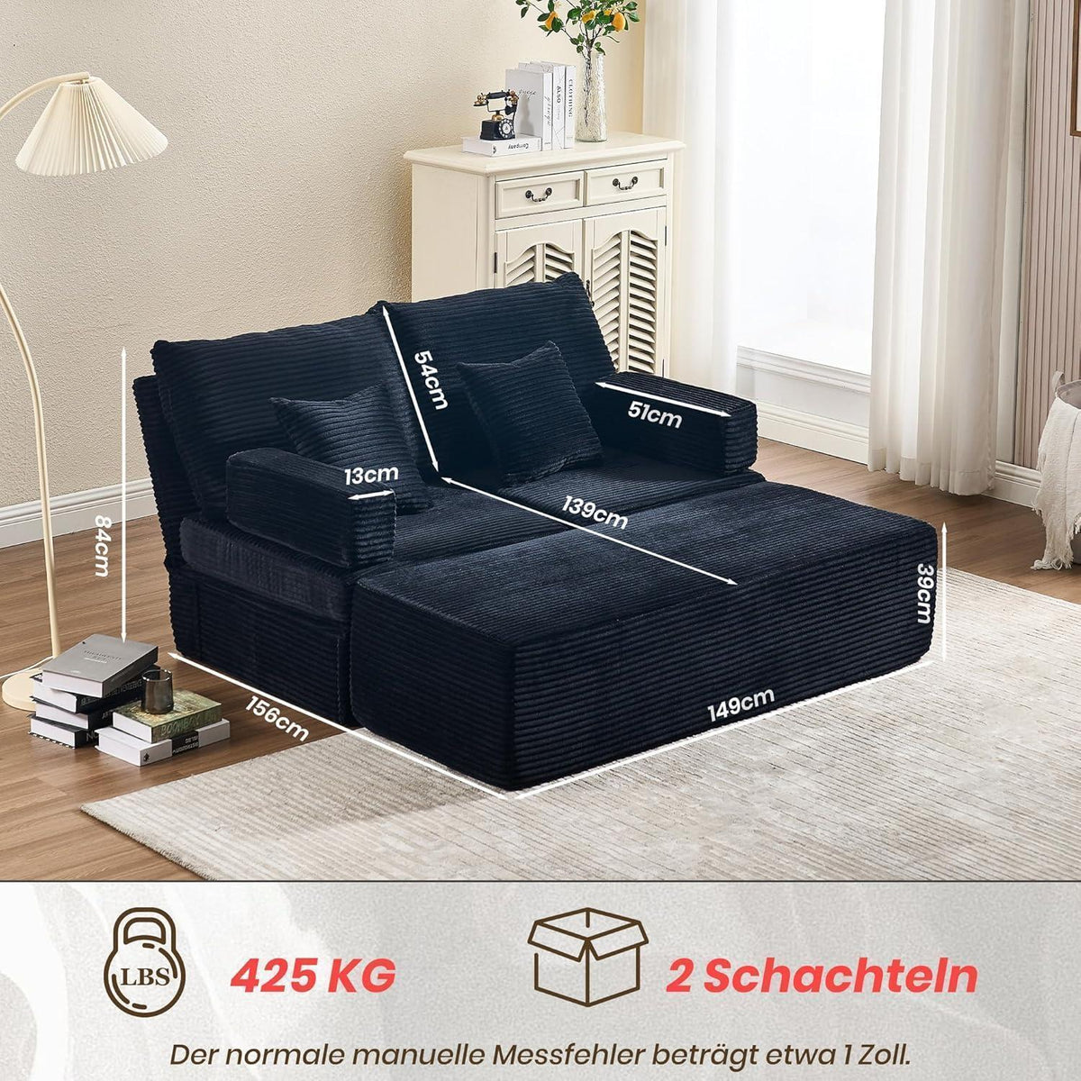 Verwandlungssofa mit Fußhocker – Ecksofa, Doppelsofa, Schwarz