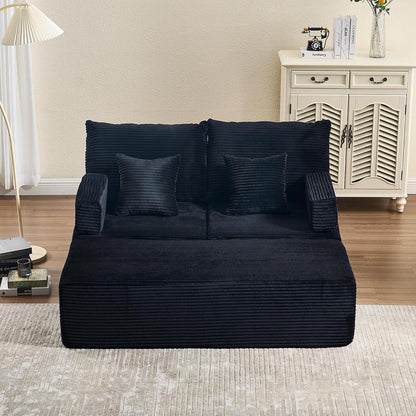Verwandlungssofa mit Fußhocker – Ecksofa, Doppelsofa, Schwarz