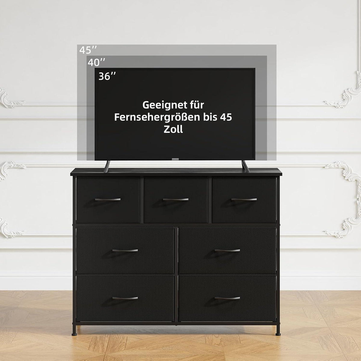 Kommode mit 7 Stoffschubladen – Schwarz, 100x30x77 cm