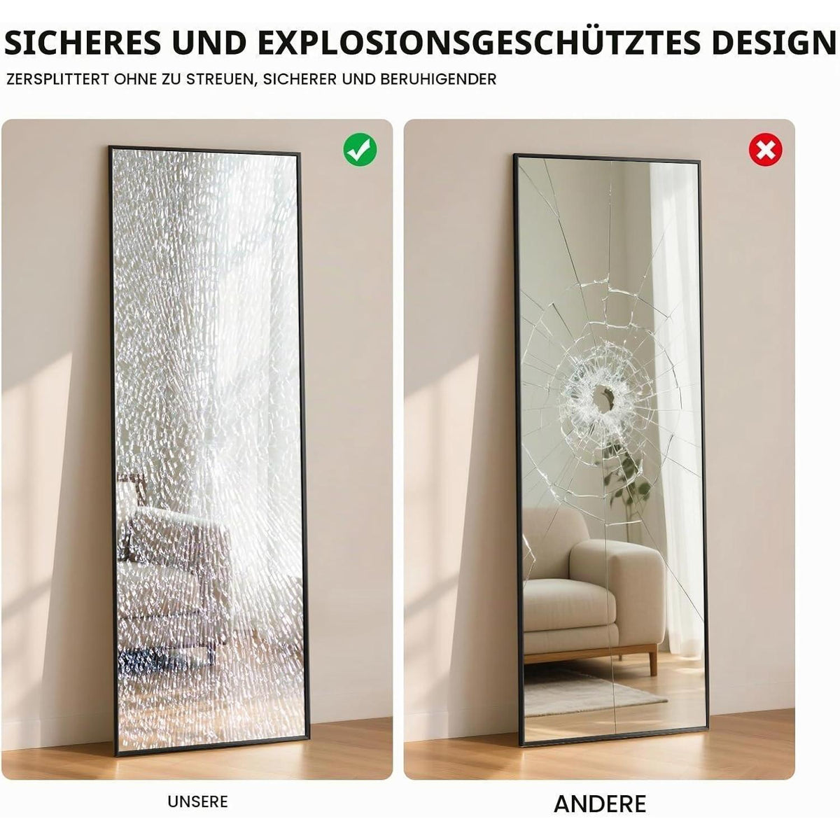 Stehender Ganzkörperspiegel Schwarz 152x42cm mit Sicherheitsglas