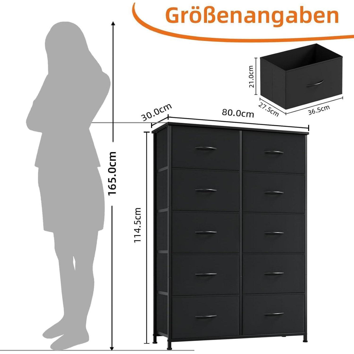 Kommode mit 10 Stoffschubladen – Schwarz, 30x80x114,5 cm