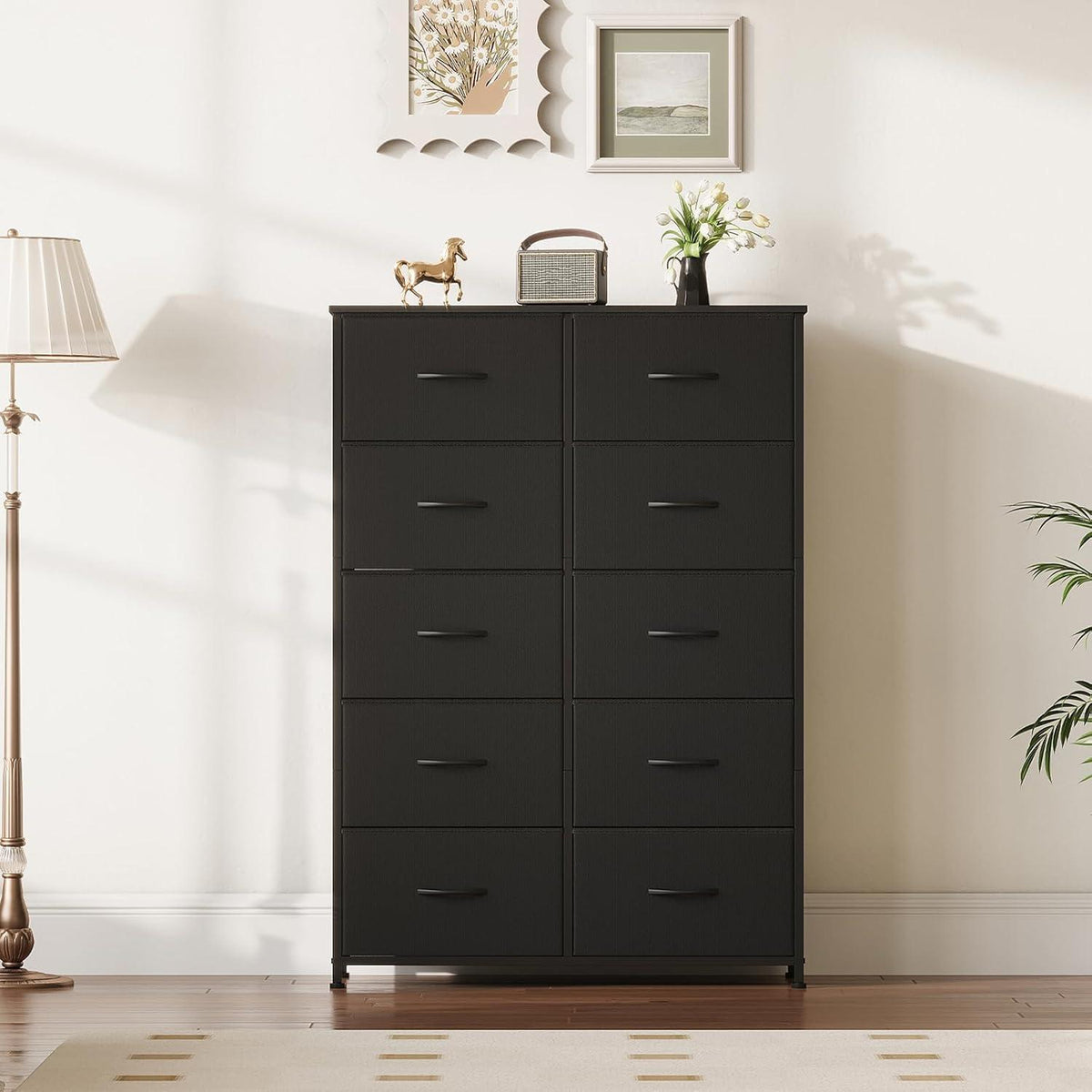 Kommode mit 10 Stoffschubladen – Schwarz, 30x80x114,5 cm