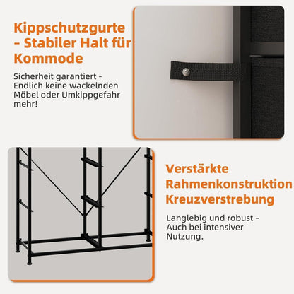 Kommode mit 10 Stoffschubladen – Schwarz, 30x80x114,5 cm