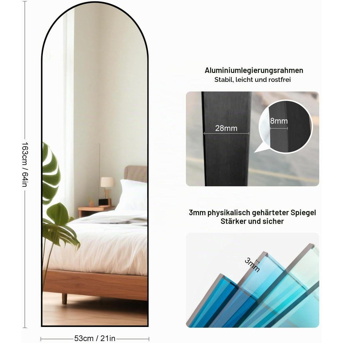 Ganzkörperspiegel Schwarz 163x53cm – Moderner Stand- & Wandspiegel