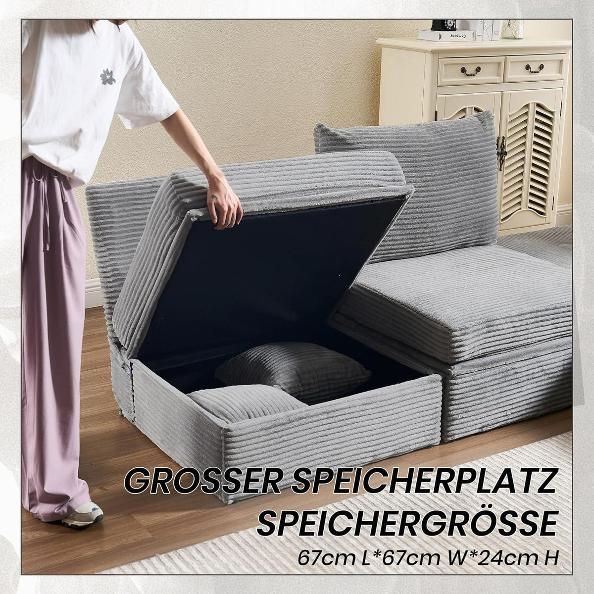 Deformierbares Ecksofa mit Fußhocker, Hellgrau