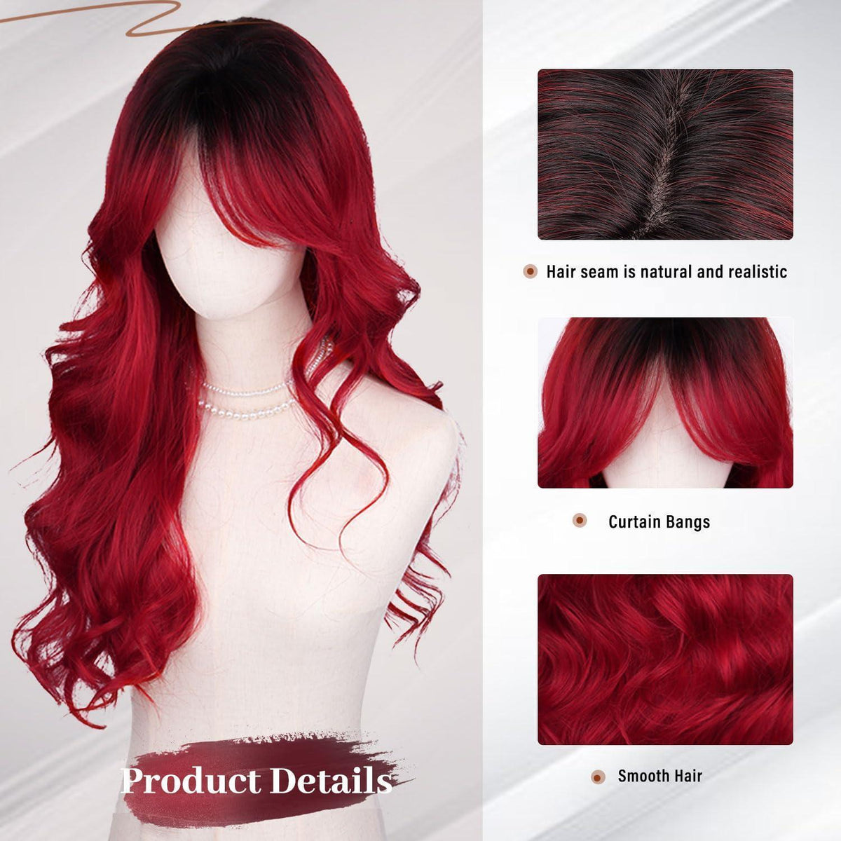 Lange Schwarz-Rote Ombre Locken Perücke – Natürliches Aussehen