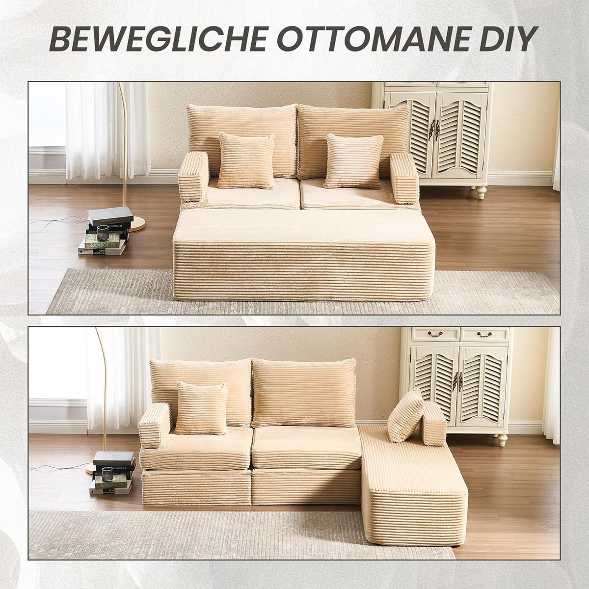 Verwandlungssofa Ecksofa mit Hocker & Staukasten Schwarz Beige