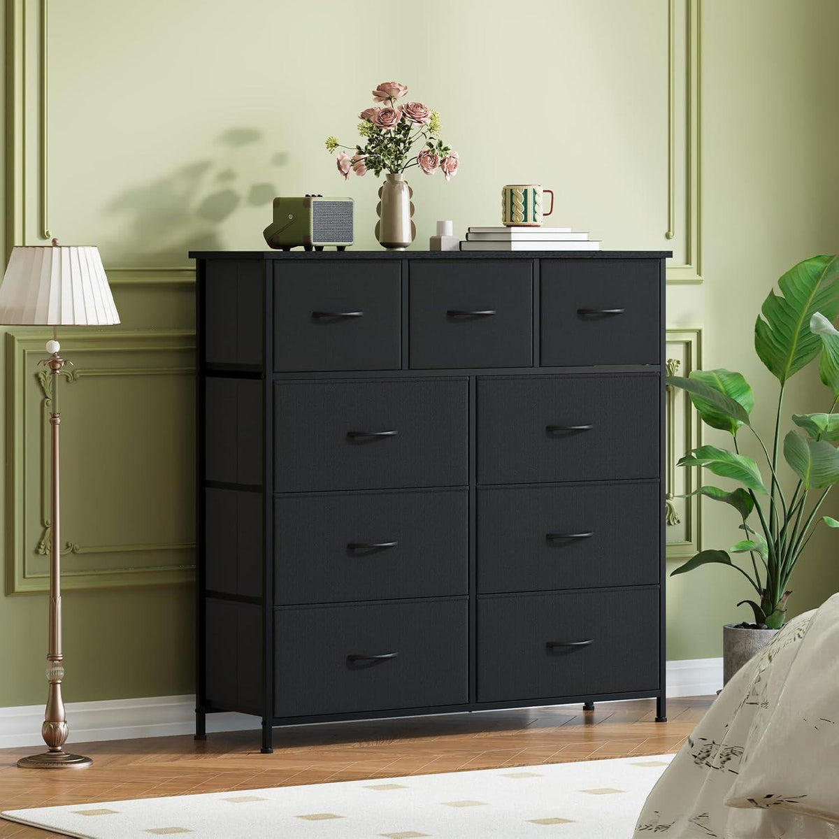 Kommode mit 9 Stoffschubladen – Schwarz, 100x30x99 cm