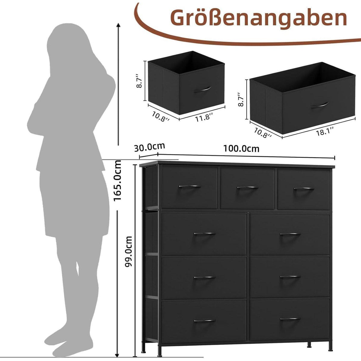 Kommode mit 9 Stoffschubladen – Schwarz, 100x30x99 cm